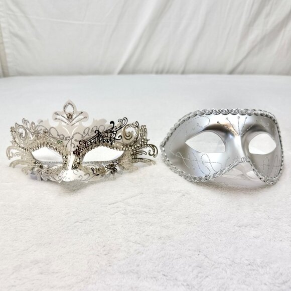 Couple Masquerade Venetian Costume Cosplay Metal Masks Silver White - Picture 1 of 9